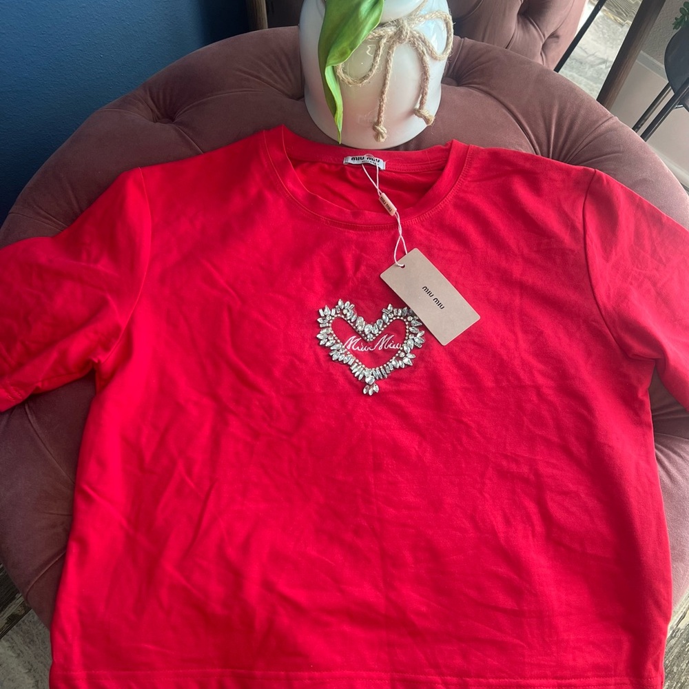 Red Long Sleeve Top with Heart Embroidery